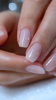 Elegant nude manicure with glossy gel polish in soft beige tone showcasing professional nail care and modern minimalist style for beauty and fashion designs.