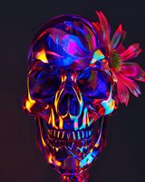 Iridescent crystal skull with vibrant neon colors glowing in blue, pink and yellow hues against dark background, decorated with bright red daisy flower.