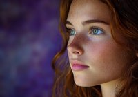 Young woman with auburn hair and striking blue eyes in profile view against purple bokeh background, showcasing natural freckles and soft pink makeup.