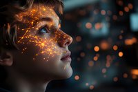 Young woman with glowing digital network patterns on face representing artificial intelligence, technology innovation and futuristic connectivity concepts.