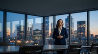 Professional businesswoman in dark suit standing confidently in modern office with panoramic city skyline view at dusk for corporate presentations.