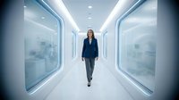 Businesswoman in dark blazer walking through modern white corridor with glass walls and contemporary lighting design.