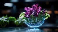 Fresh purple and green lettuce leaves floating in glowing blue bowl with magical sparkles and light effects against dark background, modern food concept.