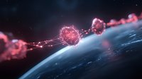 Glowing pink virus particles floating above Earth's horizon against dark space background with digital connection lines between molecular structures.