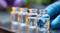 Medical vials with clear liquid arranged in row on metallic surface, gloved hand holding glass container, soft bokeh lights in background, laboratory setting.