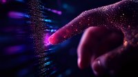Glowing digital fingerprint scan with binary code particles in purple and blue neon colors against dark background, representing cybersecurity and biometric authentication.