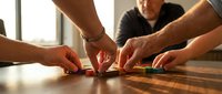 Team building exercise with diverse hands working together on wooden table in bright office environment for corporate collaboration and unity.