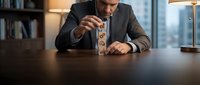 Professional businessman stacking wooden blocks with question marks in modern office, representing strategic planning and decision making process.