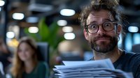 Caucasian male professional with glasses and beard making funny surprised expression while holding stack of papers in modern office environment.