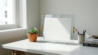 Minimalist white desk setup with mirror, succulent plant and office supplies in bright natural light creating clean modern workspace atmosphere.