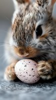 Close-up of adorable dwarf rabbit with spotted pink Easter egg on gray background, showing soft fur texture and gentle expression. Seasonal spring concept.