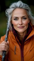 Mature Caucasian woman with silver hair holding walking stick outdoors wearing orange hiking jacket smiling confidently at camera for active lifestyle content.