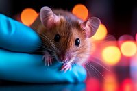 Curious brown mouse peeking from blue fabric against blurred orange bokeh lights background, close-up portrait showing whiskers and bright eyes in soft focus.