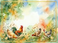 Watercolor farm scene with rooster, hens, and chickens among garden plants and foliage with golden frame border, suitable for farmhouse decor and agricultural designs.