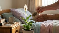 Senior man watering peace lily plant in cozy bedroom setting with natural morning light creating peaceful home gardening moment.