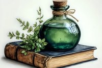 Vintage glass bottle with cork stopper filled with green potion resting on antique leather-bound book, decorated with fresh herb sprigs. Watercolor style artwork.