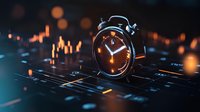 Glowing alarm clock on financial chart with orange bokeh lights and trading data, representing time-sensitive market decisions and investment timing.