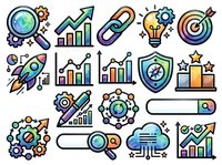 Startup business growth strategy icons with magnifying glass, rocket, charts, lightbulb, gears, target and shield isolated on white background for web design and marketing materials.