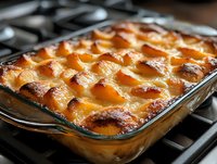 Golden brown lattice-topped peach cobbler in glass baking dish fresh from oven, showing bubbling fruit filling and flaky pastry crust with caramelized edges.