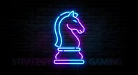 Neon chess knight piece glowing in blue and purple light on dark circuit board background for strategic gaming and technology concepts.