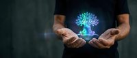 Businessman hands protecting glowing tree hologram symbolizing growth, environmental care, sustainability and corporate responsibility in modern business.
