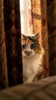 Curious calico kitten peeking between ornate curtains with wide eyes, surrounded by warm golden light and vintage fabric patterns, perfect for pet and home decor content.