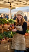 Young Caucasian woman farmer selling fresh organic vegetables at outdoor farmers market wearing beige knit hat and apron holding colorful root vegetables and greens.