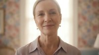 Confident mature Caucasian businesswoman in professional attire smiling warmly in bright office environment for corporate leadership and success concepts.
