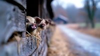Curious raccoon peeking from wooden structure in rural setting with snow-covered ground and blurred background, wildlife observation.