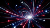 Dynamic burst of red white and blue light rays radiating from bright center with sparkling stars creating patriotic fireworks effect on black background.