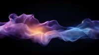 Ethereal flowing smoke waves in purple, orange and blue colors against black background create abstract light effect for modern design projects.