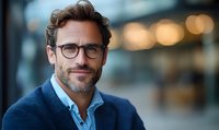 Confident mature Caucasian businessman with glasses and beard wearing navy sweater smiling at camera. Blurred urban background with bokeh lights creates professional atmosphere.
