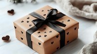 Kraft paper gift box decorated with black hearts pattern and elegant black satin ribbon bow on white surface with scattered heart decorations. Perfect for celebrations.