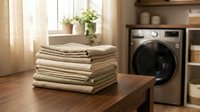 Stack of neatly folded beige and cream colored towels on wooden table in modern laundry room with washing machine and natural light from window.