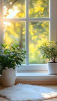 Sunlit window with houseplants in white pots on windowsill and cozy sheepskin rug, golden bokeh through window panes creates warm autumn atmosphere.