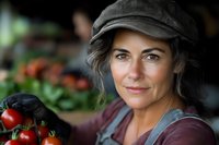 Confident middle-aged Caucasian female farmer in cap holding fresh tomatoes, genuine smile, natural lighting, farm market setting, authentic lifestyle portrait.