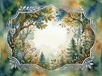 Watercolor forest landscape with decorative botanical border frame featuring autumn trees, mountains and natural foliage in earth tones.