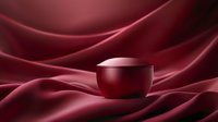 Luxurious burgundy cosmetic jar on silky draped fabric with elegant lighting and shadows, creating sophisticated product presentation for beauty and skincare marketing.