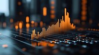 Orange glowing financial chart bars rising on dark background with bokeh city lights, showing market growth and business analytics data visualization.