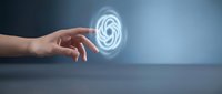 Caucasian male hand reaching toward glowing spiral energy vortex symbol, representing innovation, technology, and digital transformation for business and science concepts.