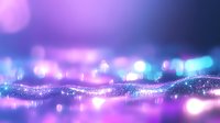 Dreamy abstract background with flowing glitter waves in purple and blue neon colors, blurred bokeh lights creating magical atmosphere for festive designs.