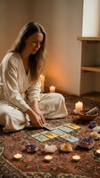 Young woman in white robe reading tarot cards surrounded by crystals and candles in warm candlelit atmosphere for spiritual guidance and meditation.