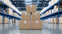 Stacked cardboard boxes in modern warehouse interior with blue metal shelving units and concrete floor. Logistics and distribution center storage concept.
