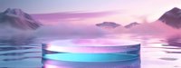 Futuristic glass podium platform floating on calm water with purple pink sunset sky and mountains background for product display presentation.