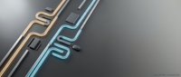 Modern metallic pipes in gold, silver and teal colors creating geometric patterns on gray surface for industrial design and contemporary architecture projects.