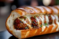 Gourmet meatball submarine sandwich with melted cheese and herbs in crusty bread roll, perfect for restaurant menus and food delivery services.