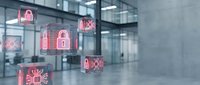 Glowing red cybersecurity icons on transparent cubes floating in a modern office, representing digital data protection and network security concepts.