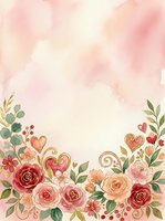 Watercolor floral frame with roses, hearts, and botanical elements on soft pink background. Isolated design suitable for wedding invitations, greeting cards, and romantic projects.