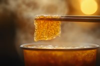 Fresh honeycomb piece held by chopsticks over steaming cup, golden honey dripping, warm backlit atmosphere with bokeh effect creates cozy morning mood.