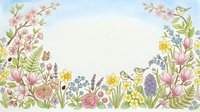 Watercolor spring floral border with birds, butterflies, daffodils, magnolia, roses, and bluebells on white background for cards and invitations.